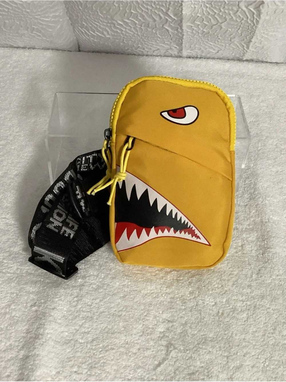 Monster Shark Face Graphic Yellow Nylon Fashion Crossbody Bag EUC Black Strap